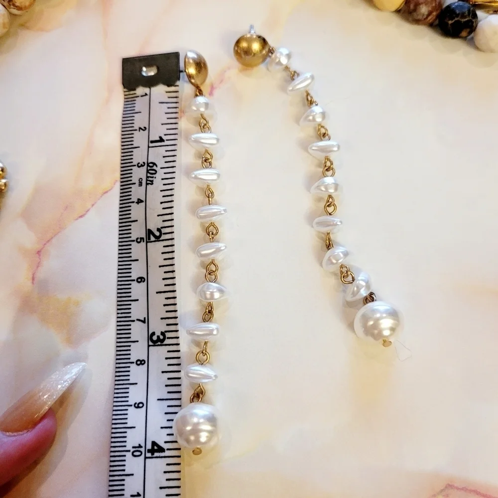 NWT Cultured Freshwater Pearl Strand Long Drop Gold Earrings